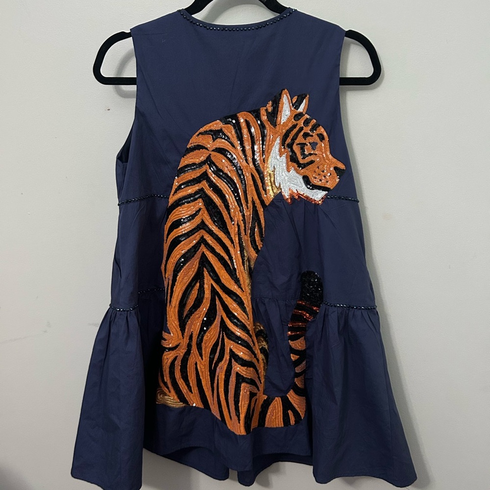 QUEEN OF SPARKLES Blue and Orange Sequin Tiger Dress Auburn game day XS